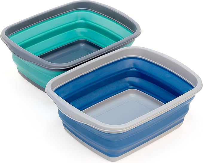 SAMMART 10L (2.6 Gallons) Set of 2 Collapsible Tub - Foldable Dish Tub - Portable Washing Basin - Space Saving Plastic Washtub (Dark Sea Green & Steel Blue, 2)