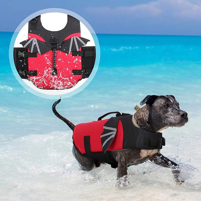 ROZKITCH Dog Life Jacket, Red Ripstop Pet Floatation Evil Life Vest for Small Middle Large Dog, Safe Durable Comfortable Adjustable Preserver with High Buoyancy for Swimming Boating at Pool Beach
