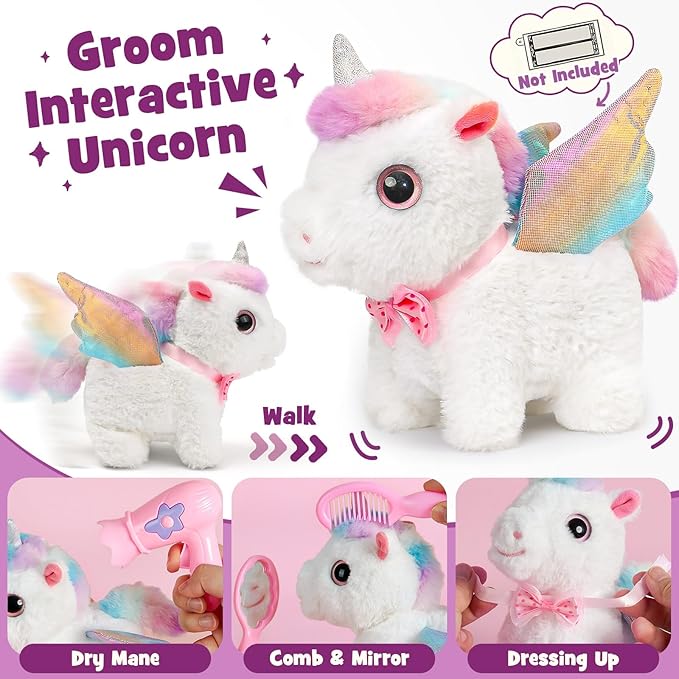 G.C Interactive Walking Unicorn Toys for Girls age 4-6, Electric Unicorn Plush with Bag & Coloring Book & Groom Accessories, Pretend Play Pet Care Kit Toddler Girl Christmas Birthday Gift 3 4 5 6 Year