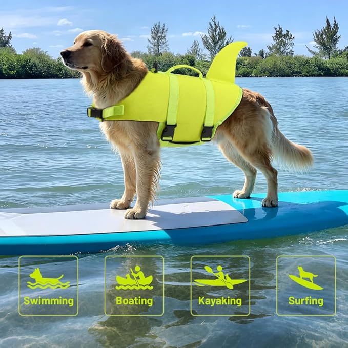 EMUST Dog Life Vest for Boating, Adjustable Ripstop Large Dog Life Jacket Vest with Rescue Handle for Pool Beach Boating (L, BrightYellow)