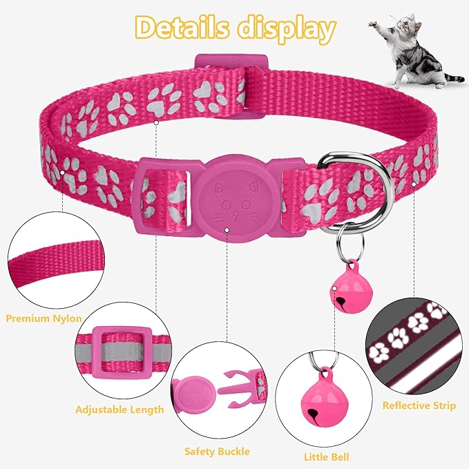 Taglory Reflective Cat Collar Breakaway with Bell, High Visibility Night Strip, Lightweight Adjustable Nylon Collar for Boy Girl Cats, 2 Pack, 7.5-12.5 Inch, Hotpink
