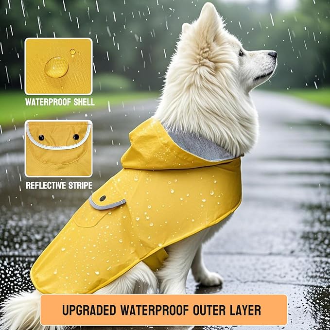 Dog Raincoat Dogs Rain Jacket Reflective Waterproof Pet Clothes Lined Poncho Rainwear Pocket Hooded Leash Hole Adjustable for Small Medium Dogs Puppy,Yellow,XXL,Back Length 16.9 Inch