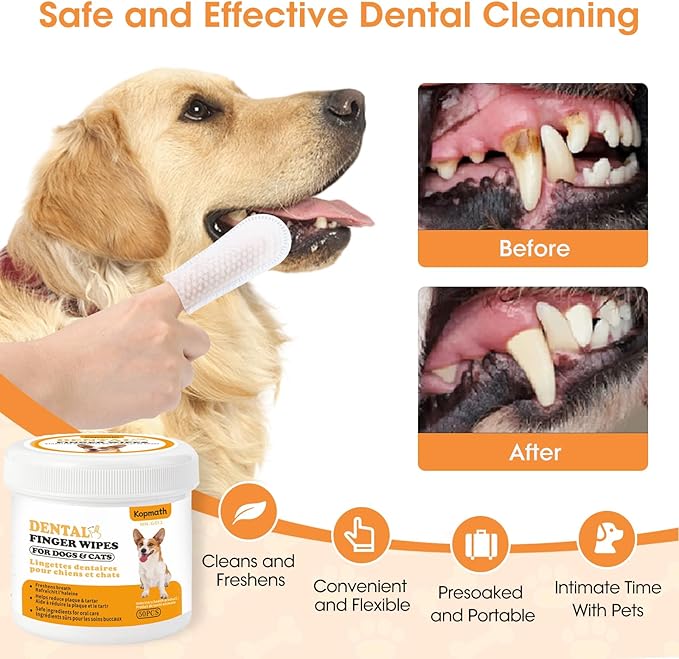 Finger Brushes for Dental Care of Pets, Teeth Cleaning Finger Wipes, Dog Dental Wipes, Reduce Plaque & Tartar, Freshen Breath, Safe & Natural Pet Dental Wipes for Dogs Teeth