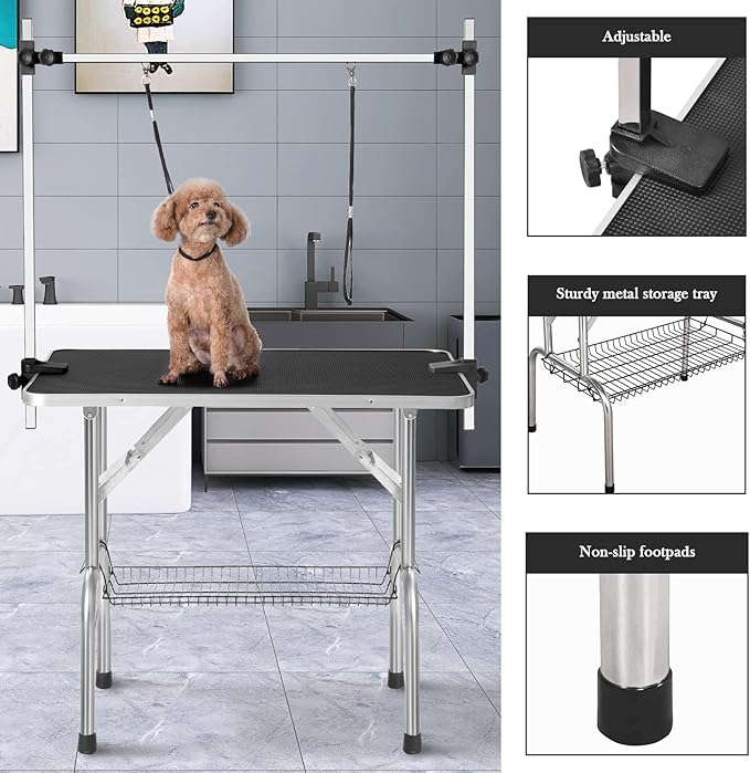 SoarFlash Pet Dog Grooming Table Foldable,Heavy Duty Foldable Pet Grooming Table with Arm & Noose & Mesh Tray, Maximum Capacity Up to 330lbs, 36inch, Black