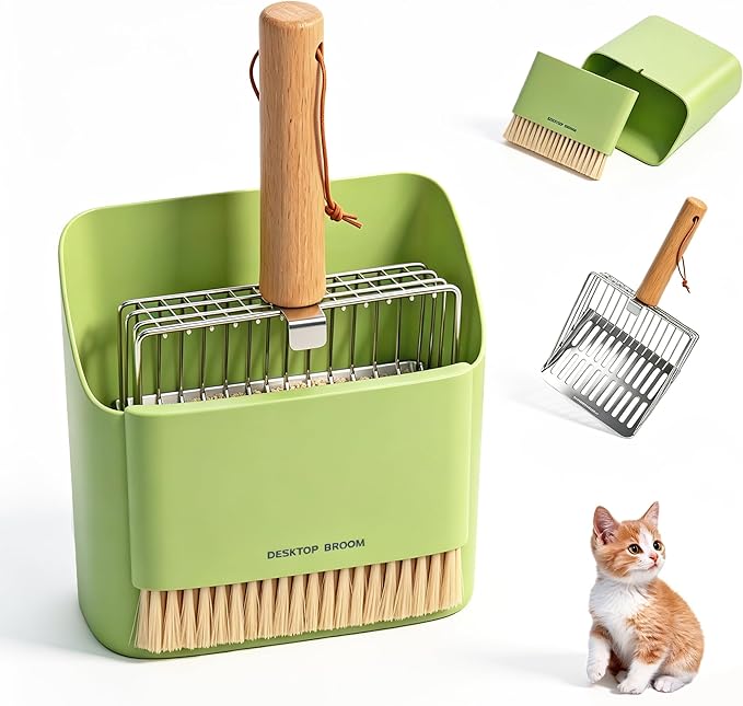 Dreamoon Cat Litter Scoop with Holder, Heavy Duty Stainless Steel Kitty Litter Scooper with Coarse and Fine Mesh, Includes Broom and Dustpan Set, Quick Sift and Easy Clean, Green