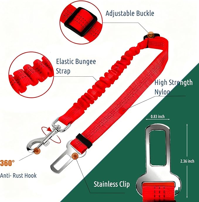 Dog Seat Belt for Car, Adjustable Dog Car Harness, Reflective Dog Seatbelt Leash with Elastic Bungee Buffer, Durable Nylon Pet Safety Dog Seat Belt for All Dog Sizes (Red)