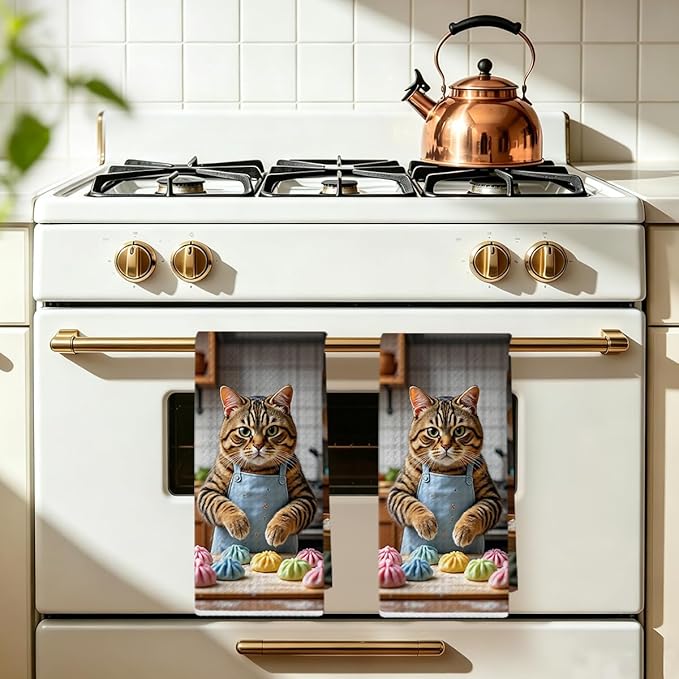 Hanamiya Na 2 Pcs Cute Cat Kitchen Towels 24x14 Inch, Cooking Cats Patterns Reusable Dish Towels for Kitchen Bathroom Decor, Waffle Weave Hand Cloth Tea Towel, Cat Lover Gifts for Women Mom Friend