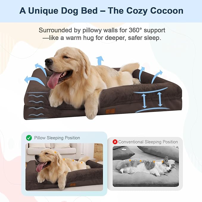 XL Orthopedic Dog Bed for Extra Large Dogs, Washable Dog Bed with Removable Bolster, Waterproof Pet Bed with Nonskid Bottom, Brown