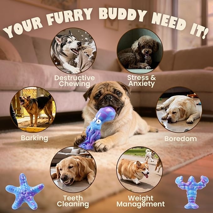 3 Pack Indestructible Dog Chew Toys for Aggressive Chewers: Ultra-Dense Nylon, Bacon Flavor Chew Bones, Heavy Duty Tough Toys for Large Dogs 20-90 lbs, Long Lasting & Keep Them Busy (XL Ocean)