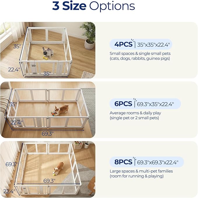 Clear Acrylic Dog Playpen with Door, Transparent Puppy Playpen for Small and Medium Puppies, Easy Assemble Pet Fence Indoor with Safety Lock (White, 35 x 35 x 22.4 Inch)