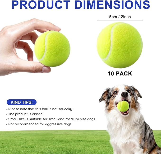 10 Pack of 2 Inch Mini Tennis Balls for Small Dogs, Fetch & Chew Toys, Compatible with 2" Automatic Ball Launchers for Interactive Play (Green 2)