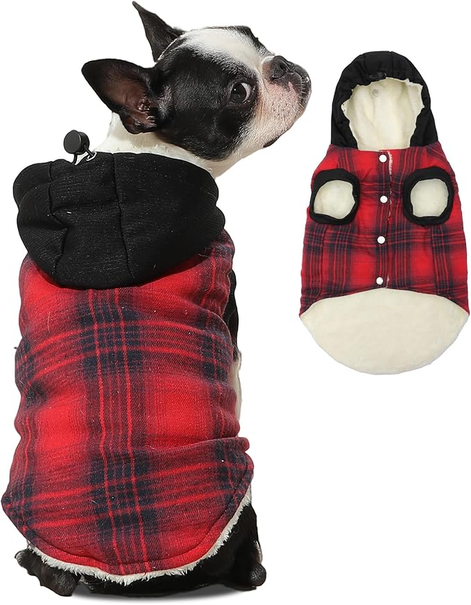 Vecomfy Fleece Lining Dog Hoodie for Small Dogs Extra Warm Plaid Sweater with Drawstring Hooded Coats in Winter Puppy Jacket,Red M