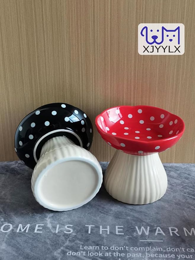 Mushroom Elevated Cat Bowls Ceramic, Raised Cat Bowl for Indoor Cats, Cute Cat Bowls Whisker Fatigue, Raised Dog Bowls Stand for Food and Water, Black 6" Wide for Adult Cats
