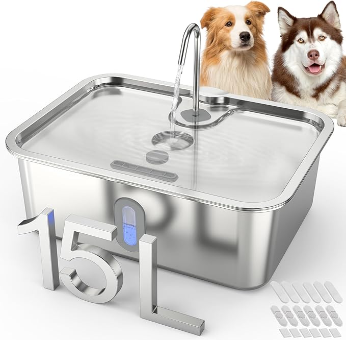 Dog Water Fountion for Large Dogs,15L/4 Gal Stainless Steel Automatic Pet Water Dispenser,Ultra Quiet Dog Fountain Water Bowl with Water Level Window & LED Light, Include 6Set Filter