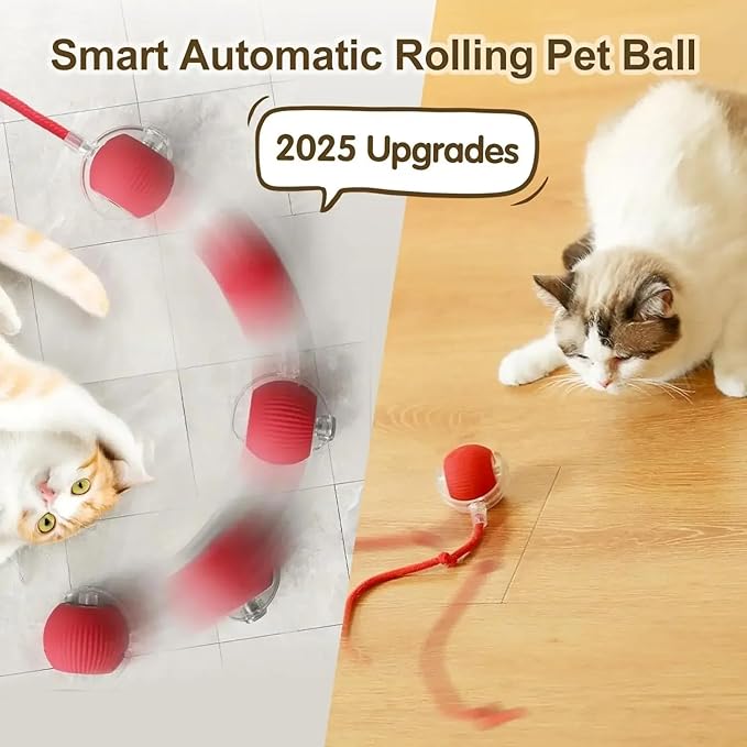 Automatic Cat Ball, RED, LED Lights, Indoors for Active Cats - Rechargeable, Smart Rolling, Speedy Tail/Rope