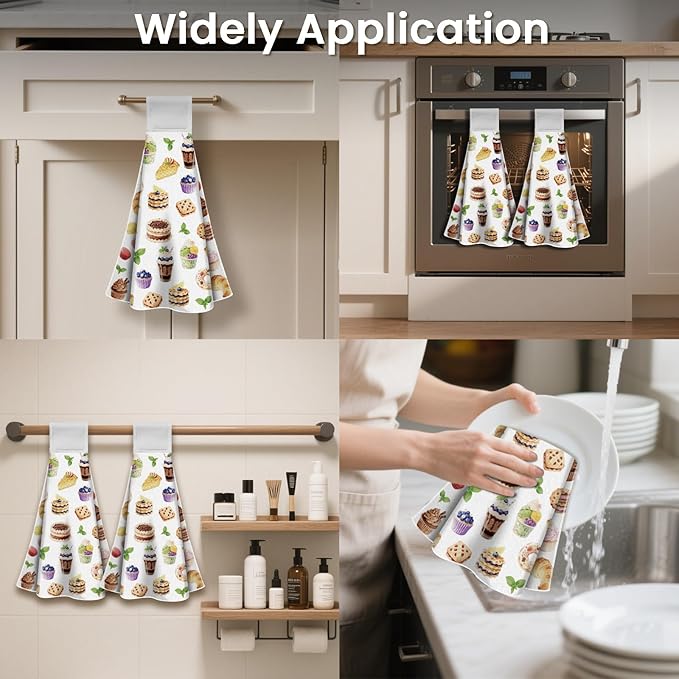 CUTHOLLOW Baking Desserts Cakes Hanging Kitchen Towels with Loop, Set of 2 - Soft & Super Absorbent Microfiber Decorative Hanging Dish & Hand Towel, Tea, Coffee Towel for Kitchen Bathroom Oven Handle