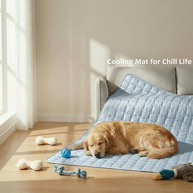 FunFurry Cooling Mat for Dogs，44"X32" Extra Large Pet Pad，Q-Max>0.5 Rapid Cooling Dense Weave Fabric，Washable Kennel Mat with Non-Slip Bottom (Light Blue, XL)