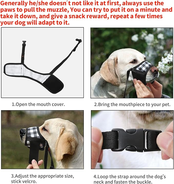 HEELE Dog Muzzle,Soft Nylon Muzzle Anti Biting Barking Chewing,Air Mesh Breathable Drinkable Adjustable Loop Pets Muzzle for Small Medium Large Dogs 4 Colors 4 Sizes (P-Black White Plaid, M)