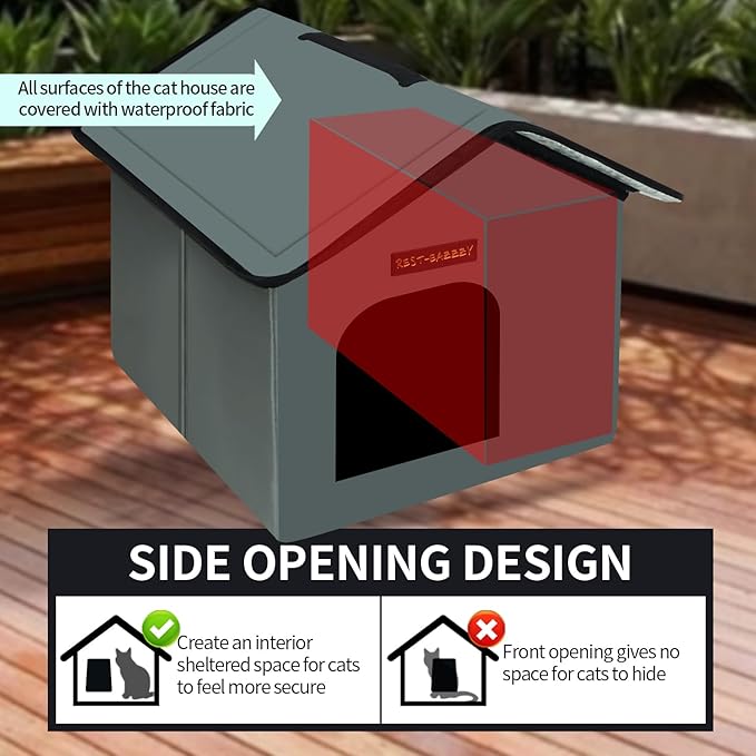 Rest-Eazzzy Cat House for Outdoor Cats, Weatherproof and Insulated Feral Cat House with Mat and Clip, Easy to Put Together, Selfwarming Cat Shelter for Summer(Grey, Waterproof House-S)