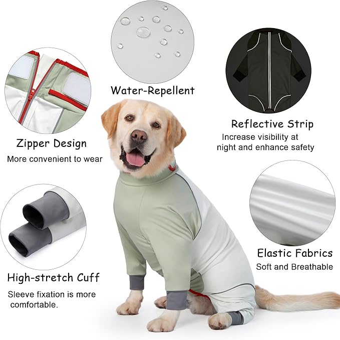 Dog Onesie Coat - Water-Repellent & Stretchable, Dirt-Resistant Outdoor Puppy Suit with Reflective Strips | Controls Shedding | for Small, Medium, Large Dogs (Beige, 5XL(Weight 65-88 lbs))