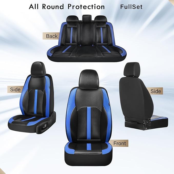 Coverado Leather Car Seat Covers Full Set & Carbon Fiber, Waterproof and Durable All Weather Protector, Universal Fit for SUV, Pickup Truck, Sedan, Automotive Vehicle Interior, Black&Blue