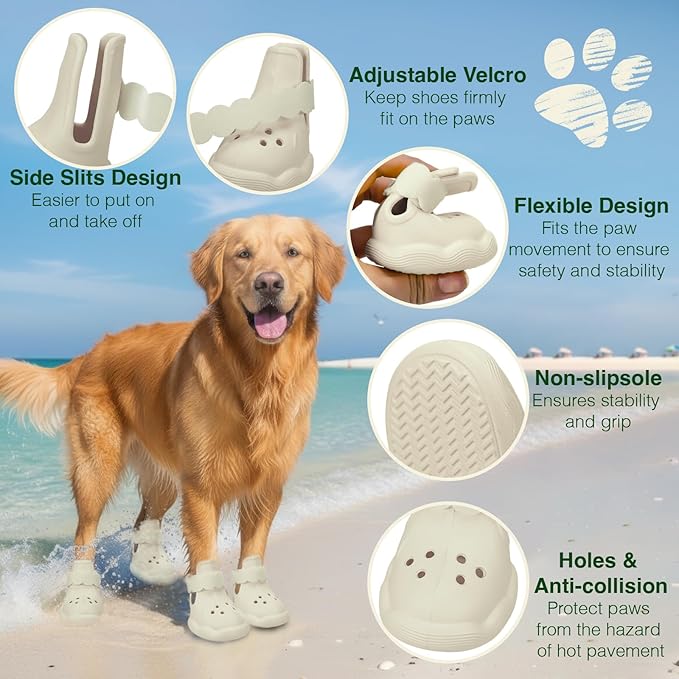 Dog Shoes for Hot Pavement and Snow - Waterproof, Non-Slip, Breathable Booties with Adjustable Straps for Small Medium, and Large Dogs (Beige, L)
