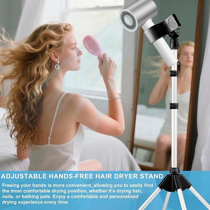 Hair Dryer Stand Holder 29-59Inch Adjustable Hands-Free Blow Dryer Holder with 360-Degree Rotation, Non-Slip Tripod, Universal Clip & Storage Bag for Bathroom, Vanity, Makeup Room