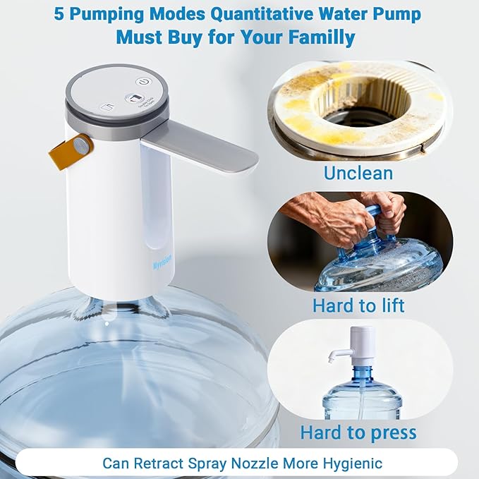 Myvision Water Dispenser for 5 Gallon Bottle, Portable USB Charging Electric Water Pump, Drinking Water Jug Pump for Home, Kitchen, Living Room, Office, Camping, Universal for 3-5 Gallon (Pro)