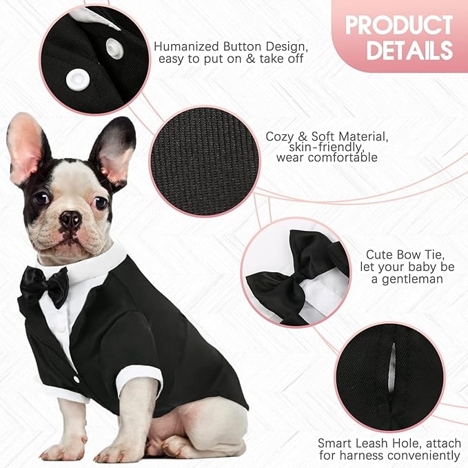 Kuoser Dog Tuxedo, Formal Dog Costume with Bow Tie Pet Wedding Suit Party Birthday Outfit, Dogs Tux Soft Shirt for Valentines Christmas Halloween Graduation Cosplay, Black L