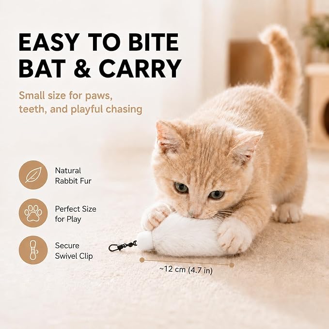 Natural Rabbit Fur Cat Toys Refills, 2 Pcs Silent Interactive Cat Wand Attachments for Indoor Cats, Handmade Fluffy Kitten Teaser Replacement Accessories (White)