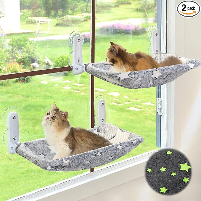 Zoratoo 2PC Cat Window Perch, Glow in The Dark Cordless Foldable Pet Hammock Bed for Window with Sturdy Metal Frame, Glowing Stars Pattern Resting Seat for Indoor Cats (2PC Stars - M)