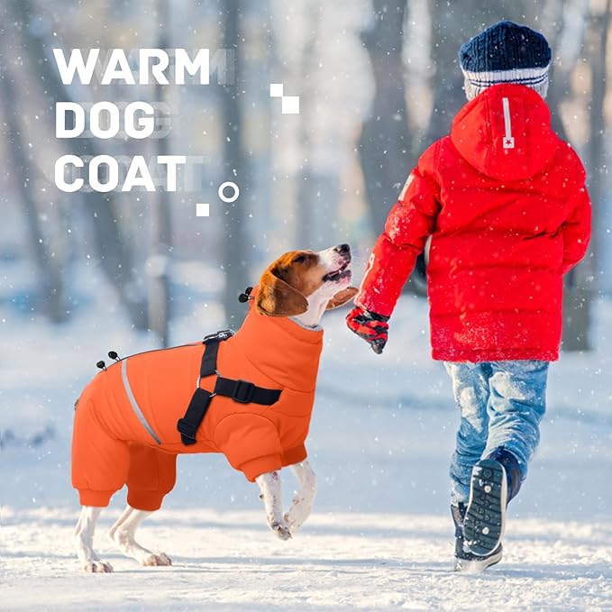 BRKURLEG Small Dog Winter Coat with Harness Built in, Orange Winter Dogs Jackets, Fullbody Dog Coat, Dogs Snowsuits Reflective Windproof Cold Weather Coats, Pet Warm Fleece Coats, XXL