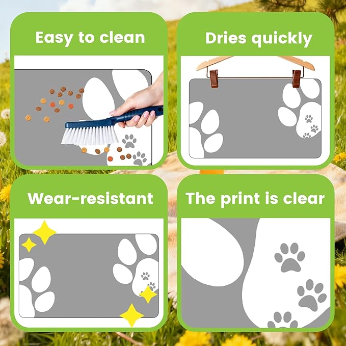Dog Feeding Mat Top Paw Dog Bowl Mat Grey Footprint Pattern Cute Rectangle Diatomaceous Earth Absorbent Quick Dry Cat Pet Placemat Protect Floors for Food and Water Supplies 20 x 12 Inch