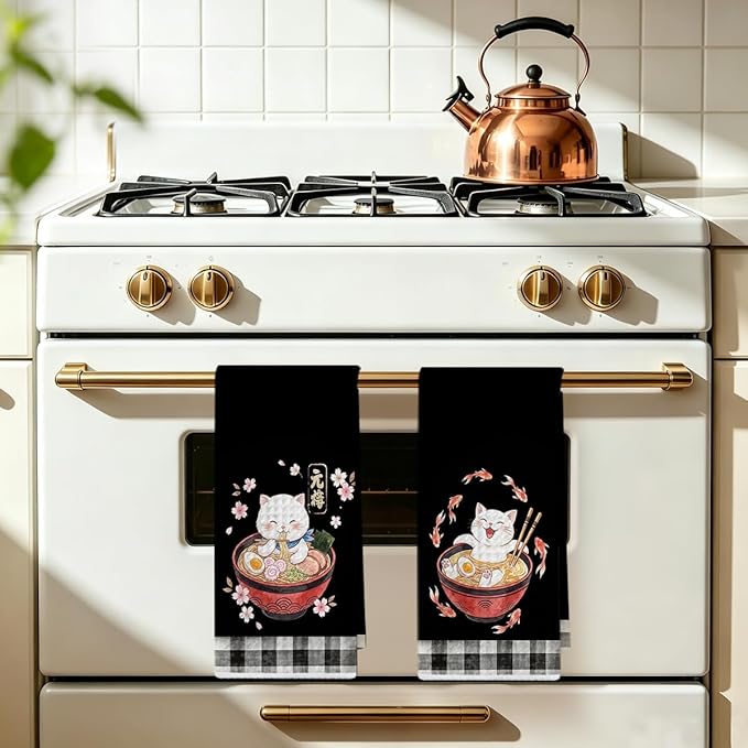 2 Pcs Funny Japanese Cat Eating Ramen Kitchen Towels 24x14 Inch, Japanese Reusable Dish Towels for Kitchen Bathroom Decor, Waffle Weave Absorbent Tea Towel, Cute Cat Lover Gifts for Women Mom Friend