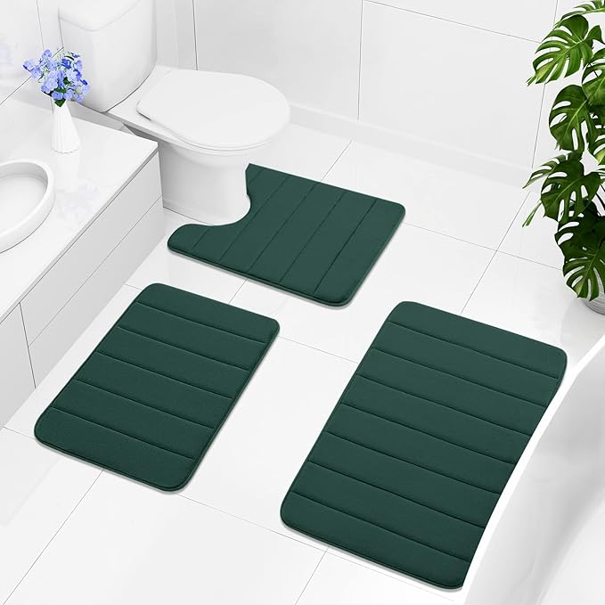 Buganda Memory Foam U-Shaped Contour Toilet Rugs, Non Slip Absorbent, Thick Soft Washable Bathroom Mat, Floor Carpet Bath Rugs Mat for Toilet Base (24" x 20", Dark Green)
