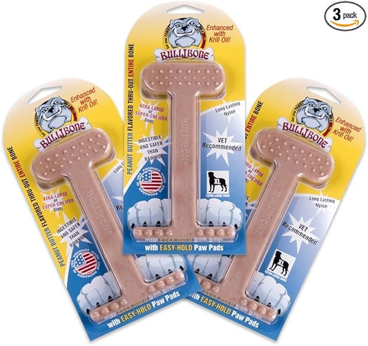 Bullibone Nylon Dog Chew Toy for Aggressive Chewers - Dental Hygiene Bone with Peanut Butter Flavor, Durable Tough Chew Toys for Extra Large Dogs, Indestructible Dog Bone - 3 Pack