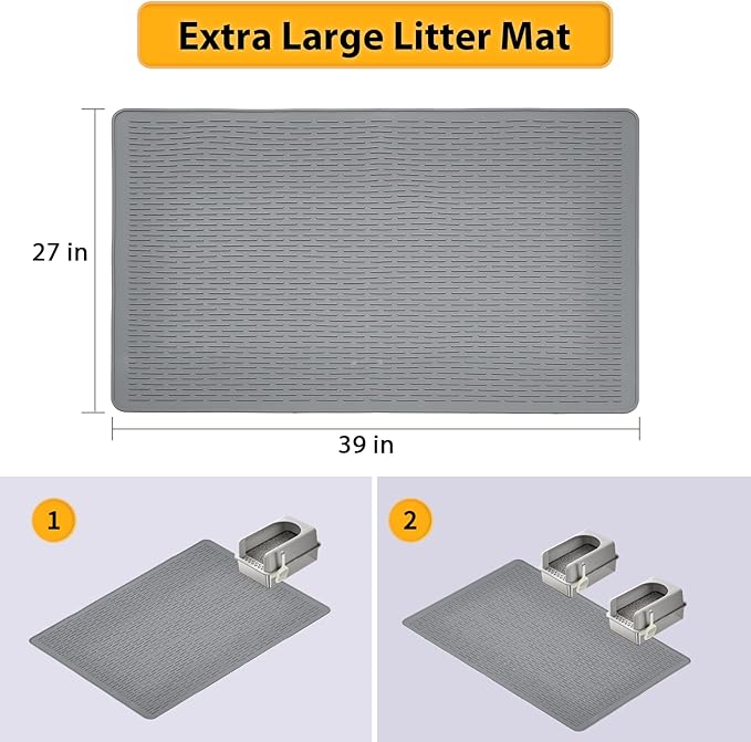 Large Cat Litter Mat 39x27 Inch XL, Waterproof Litter Box Mat with Raised Edges & Textured Surface, Rubber Litter Catcher Mat Washable, Easy Clean Kitty Litter Mat for Multiple Cats