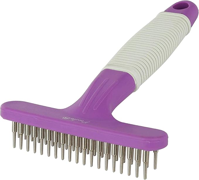 POODLIE Poodle Pet Dog Grooming Rake| Dematting Tool with Stainless Steel Shedding Comb for Pets | 2 Rows of Pins Gently Remove Loose or Tangled Hair from Undercoat | Purple Handle