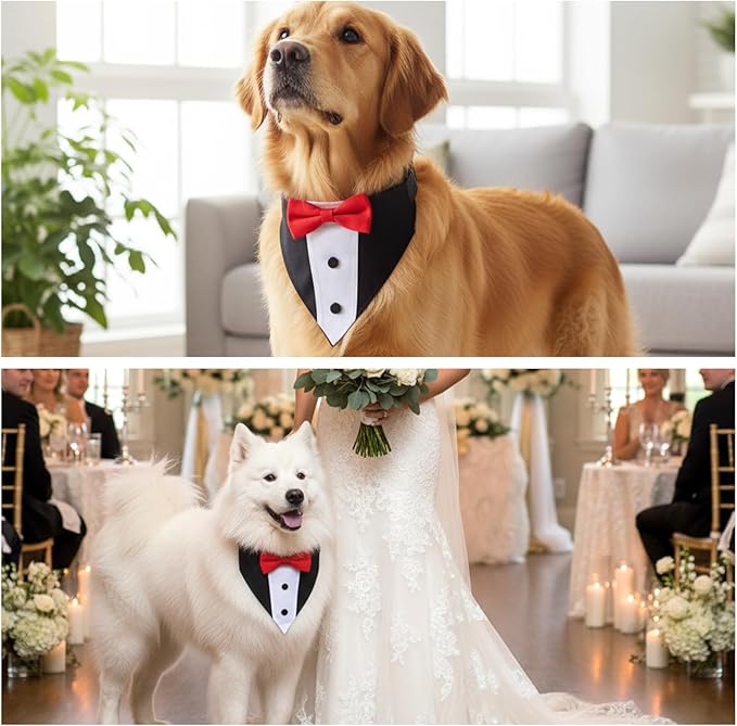 Dog Tuxedo Costumes, Dog Wedding Outfit Bandana with Bow Tie Dogs Tuxedo Bandana Collar with Bow Tie Adjustable Formal Dogs Bandanas Collar Costume for Small Medium Large Petdogs (Red, L)