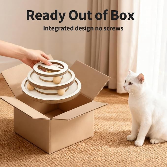 Lulu's world Cat Ball Track Toy,Natural Wooden Kitty Toys Roller,3-Level Tower with Puzzle Top,Fully Assembled Interactive Fun Toy for Kitten Mental Physical Exercise-11-Inch