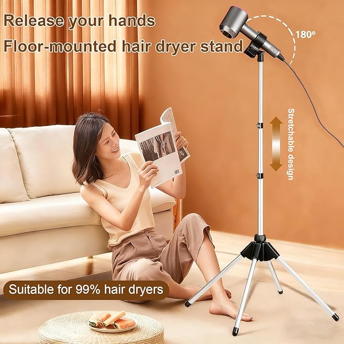 Shouken Adjustable Hands-Free Hair Dryer Stand Holder-59 inches,360 Degree Rotation,Blow Dryer Holder Countertop With Non-Slip Tripod and Universal Clip,Adjustable Height Countertop Blow Dryer Holder