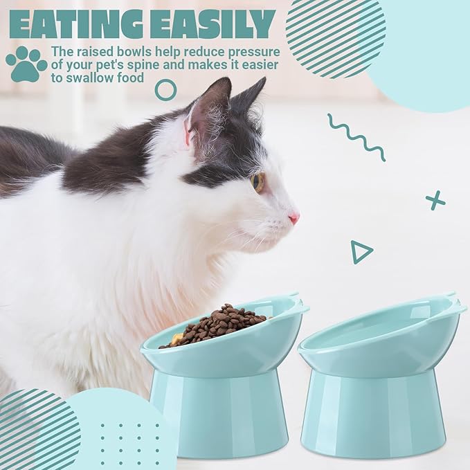 Zhehao 2 Pcs Elevated Cat Bowl Set, Tilted 15° Plastic Raised Food and Water Bowls Anti Vomit Pet Feeding Dishes for Indoor Cats/Small Dogs(Cat Ears,Light Green)