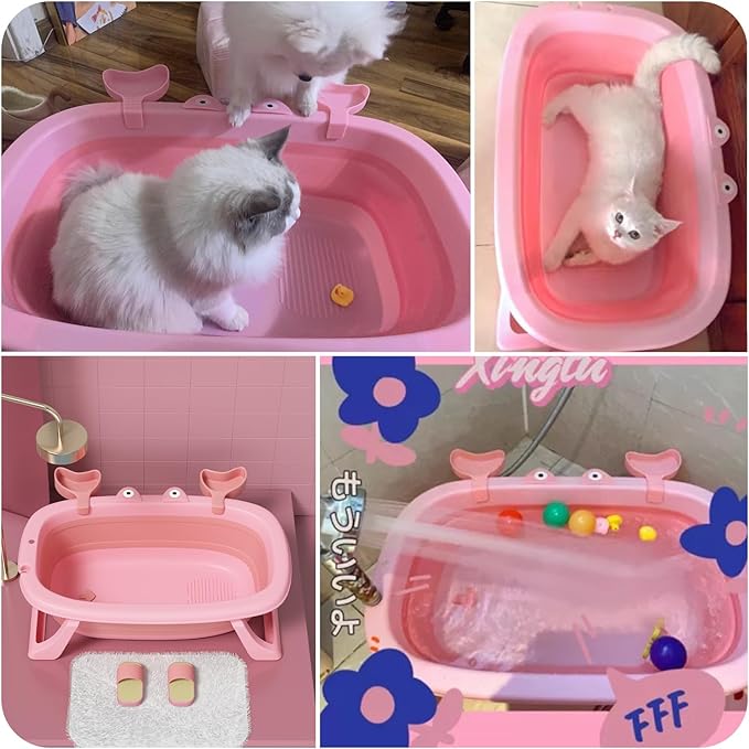 Dog Bath Tub with Dog Toys Pet Bathtub, Portable Puppy Bathtub for Easy Baths and Easy Storage, Dog Bath Tubs for Small Medium Pets-Foldable Pet Shower Tub with Drainage Hole, 26.5 x 17.2 x 7.8In,Pink