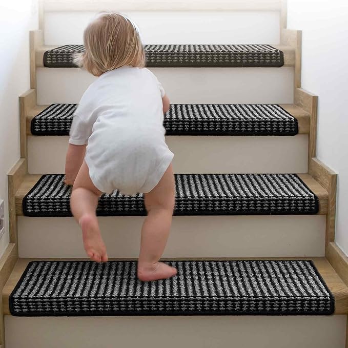 Brakki Bullnose Carpet Stair Treads, Non Slip Stair Treads for Wooden Steps Indoor, Stair Runner, Soft Stair Rugs for Pets, Edging Stair Protectors, Washable, 29.5"x9.5"x1.5" 7pcs, Black Grey