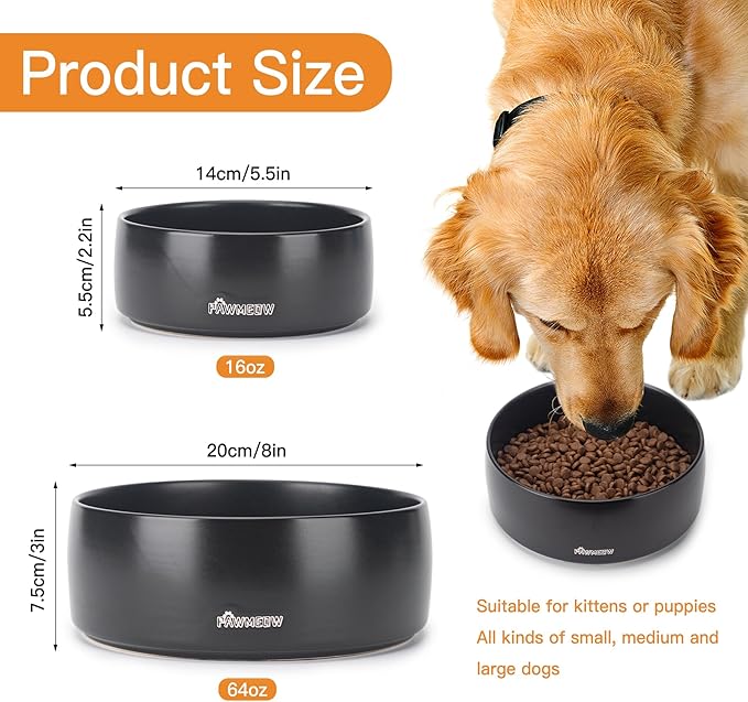 Ceramic Dog Bowl | 5.5inch Dog Bowl, Spill Proof, Non-Slip Pet Feeding Bowl for Small & Medium Breed(16 oz) (Black, 5.5-8inch)