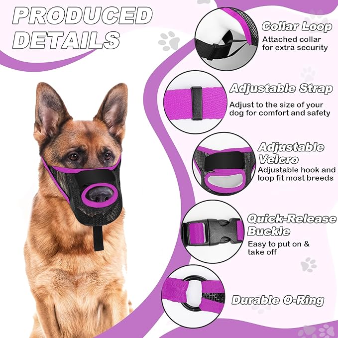 Dog Muzzle with Front Opening for Training and Treats, Breathable Air Mesh Muzzle for Biting Chewing Scavenging, Soft Lightweight Adjustable Mouth Guard for Small Medium Large Dogs(Purple,XL)