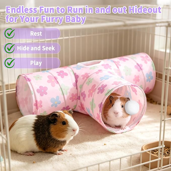 Rypet 3-Way Guinea Pig Tunnel, Collapsible Small Animal Enrichment Toy with Ball, Foldable Rabbit & Hamster Tunnel for Boredom Relief, Washable, Indoor/Outdoor Play