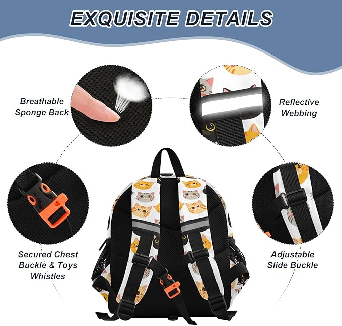 Cartoon Cats Toddler Backpack with Leash, Cute Preschool Backpack Baby Harness Bookbag, 10L