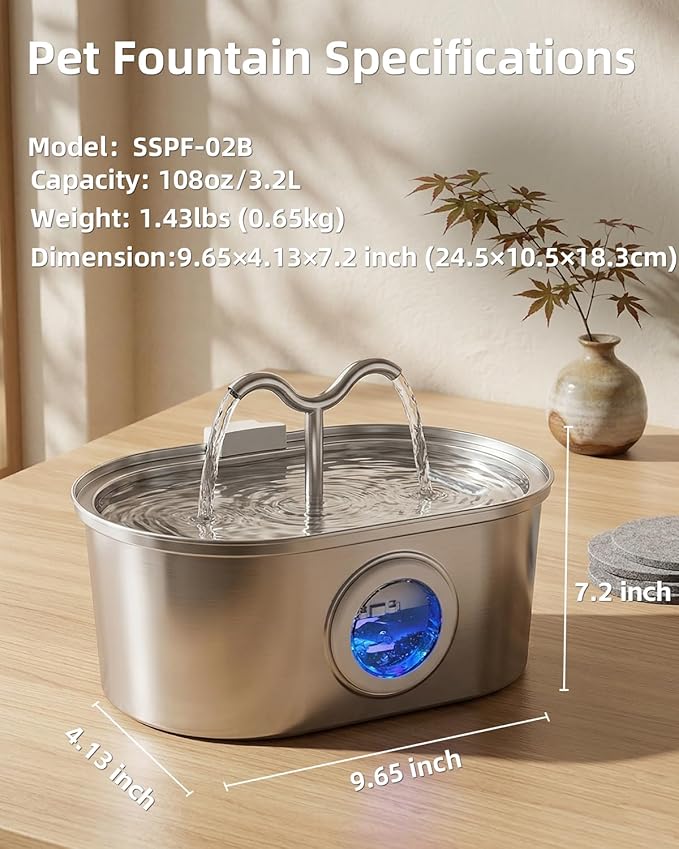 Stainless Steel Cat Water Fountain, 108oz/3.2L Pet Water Fountain for Cats Inside, with Dual Spouts for Multiple Cats, Ultra-Quiet Automatic Dog Water Dispenser, 6 Replacement Filters Included