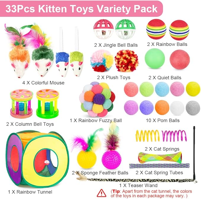 Retro Shaw Cat Toys for Indoor Cats, 33 Pack, Interactive Kitten Toys with Collapsible Kitty Tunnel Tent Feather Wand Springs Balls Bells Mouse Kitty Toys 15.7 Inches for All Breeds